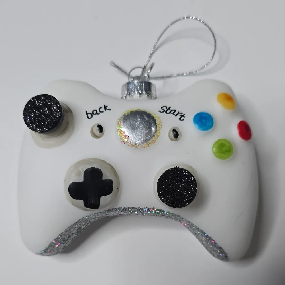 New White Blown Glass Gaming Controller w/ Sparkle Ornament